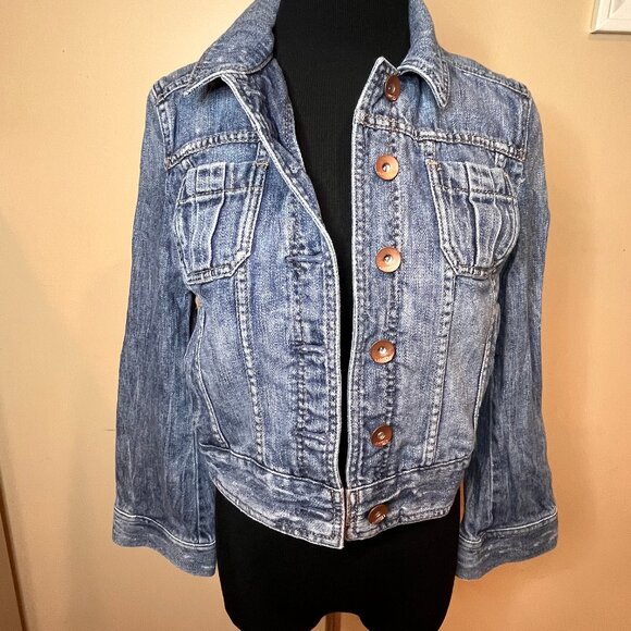 Express Denim Jacket Size Small 100% Cotton Button Down Medium Wash Waist Length - Picture 2 of 8